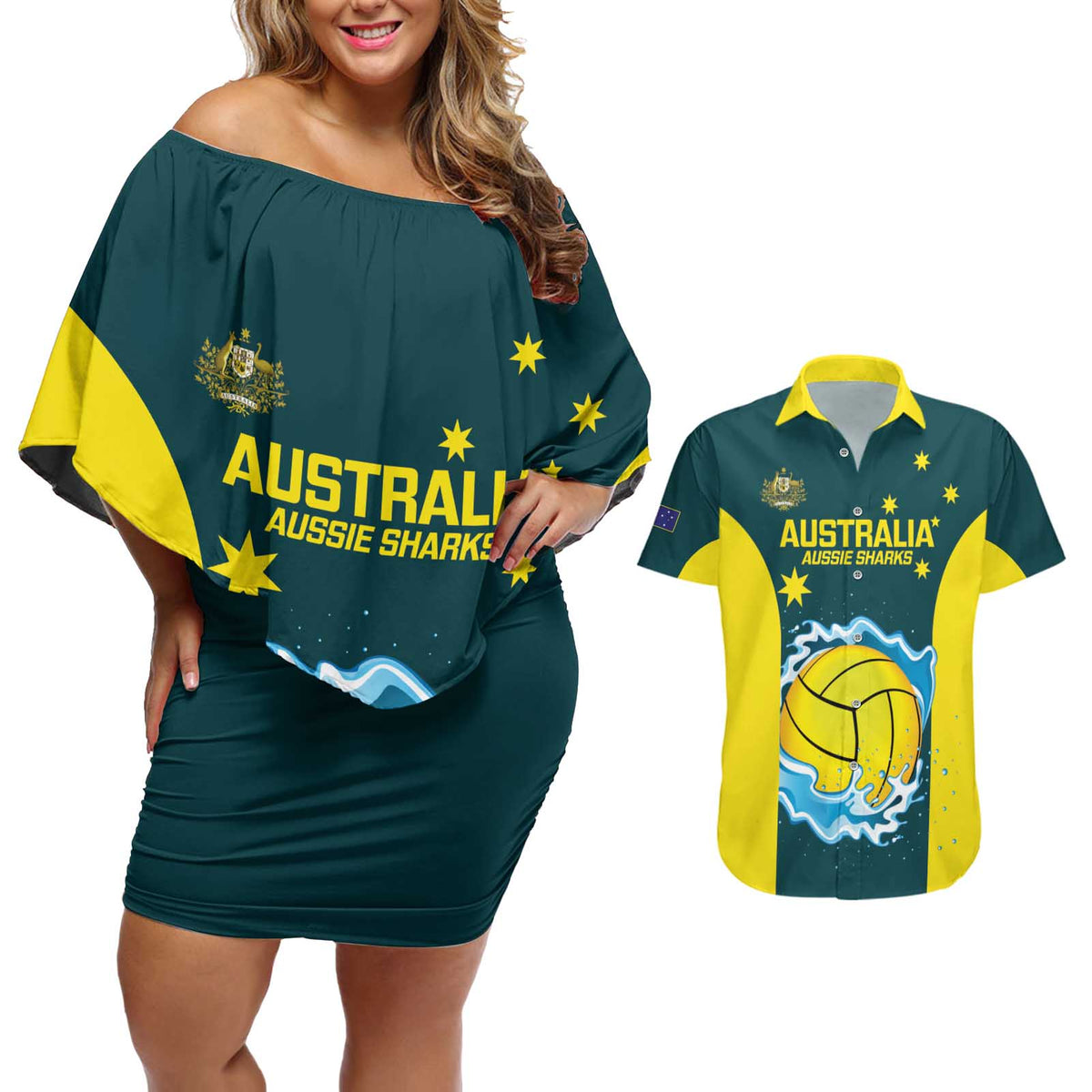 Custom Australia Water Polo 2024 Couples Matching Off Shoulder Short Dress and Hawaiian Shirt Aussie Shark National Color Version