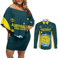 Custom Australia Water Polo 2024 Couples Matching Off Shoulder Short Dress and Long Sleeve Button Shirt Aussie Shark National Color Version