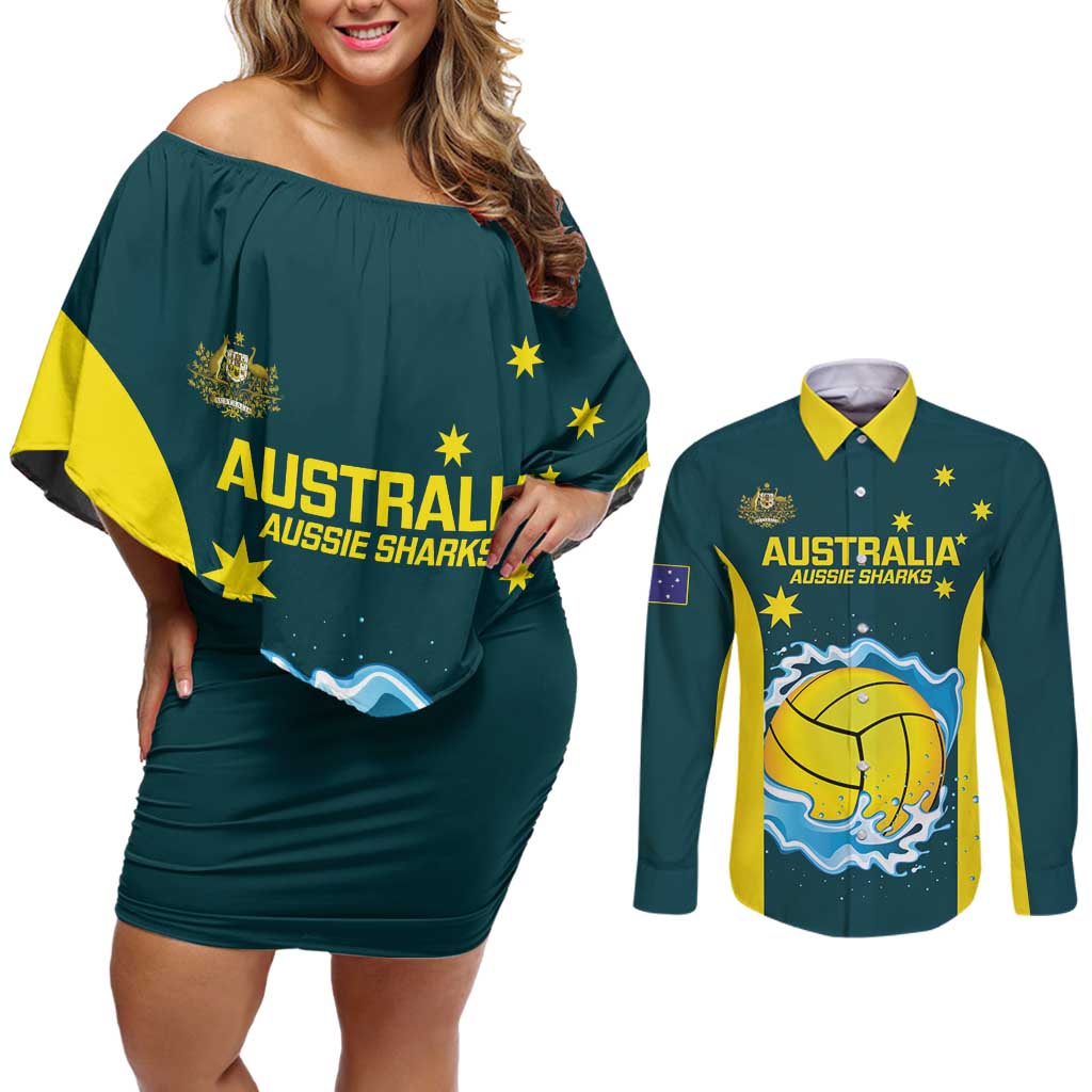 Custom Australia Water Polo 2024 Couples Matching Off Shoulder Short Dress and Long Sleeve Button Shirt Aussie Shark National Color Version