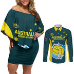 Custom Australia Water Polo 2024 Couples Matching Off Shoulder Short Dress and Long Sleeve Button Shirt Aussie Shark National Color Version