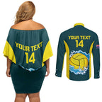 Custom Australia Water Polo 2024 Couples Matching Off Shoulder Short Dress and Long Sleeve Button Shirt Aussie Shark National Color Version
