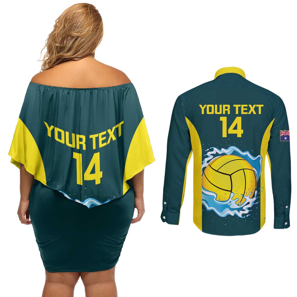 Custom Australia Water Polo 2024 Couples Matching Off Shoulder Short Dress and Long Sleeve Button Shirt Aussie Shark National Color Version
