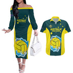 Custom Australia Water Polo 2024 Couples Matching Off The Shoulder Long Sleeve Dress and Hawaiian Shirt Aussie Shark National Color Version
