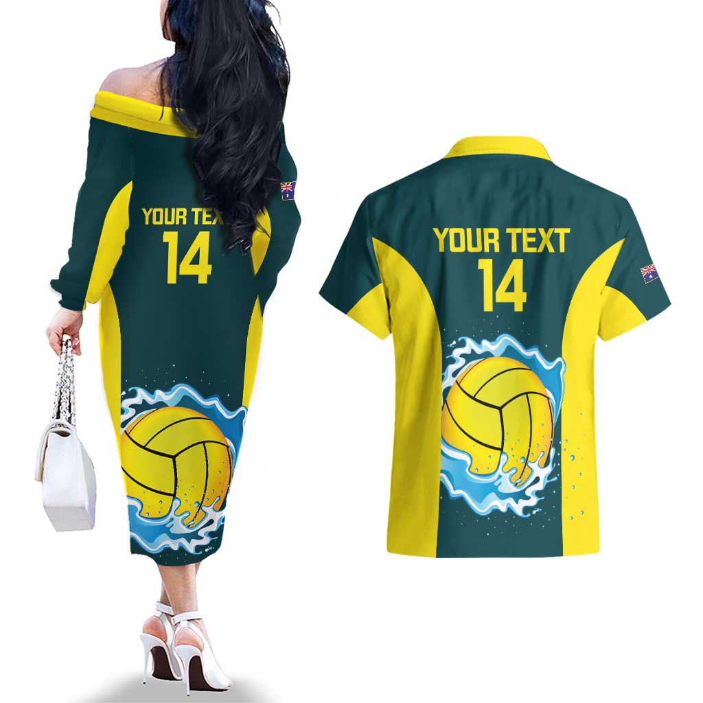 Custom Australia Water Polo 2024 Couples Matching Off The Shoulder Long Sleeve Dress and Hawaiian Shirt Aussie Shark National Color Version