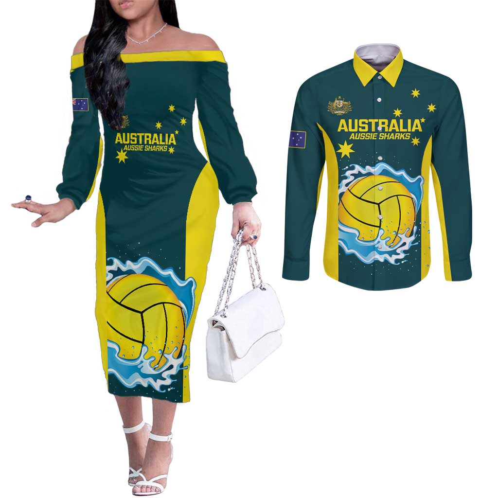 Custom Australia Water Polo 2024 Couples Matching Off The Shoulder Long Sleeve Dress and Long Sleeve Button Shirt Aussie Shark National Color Version