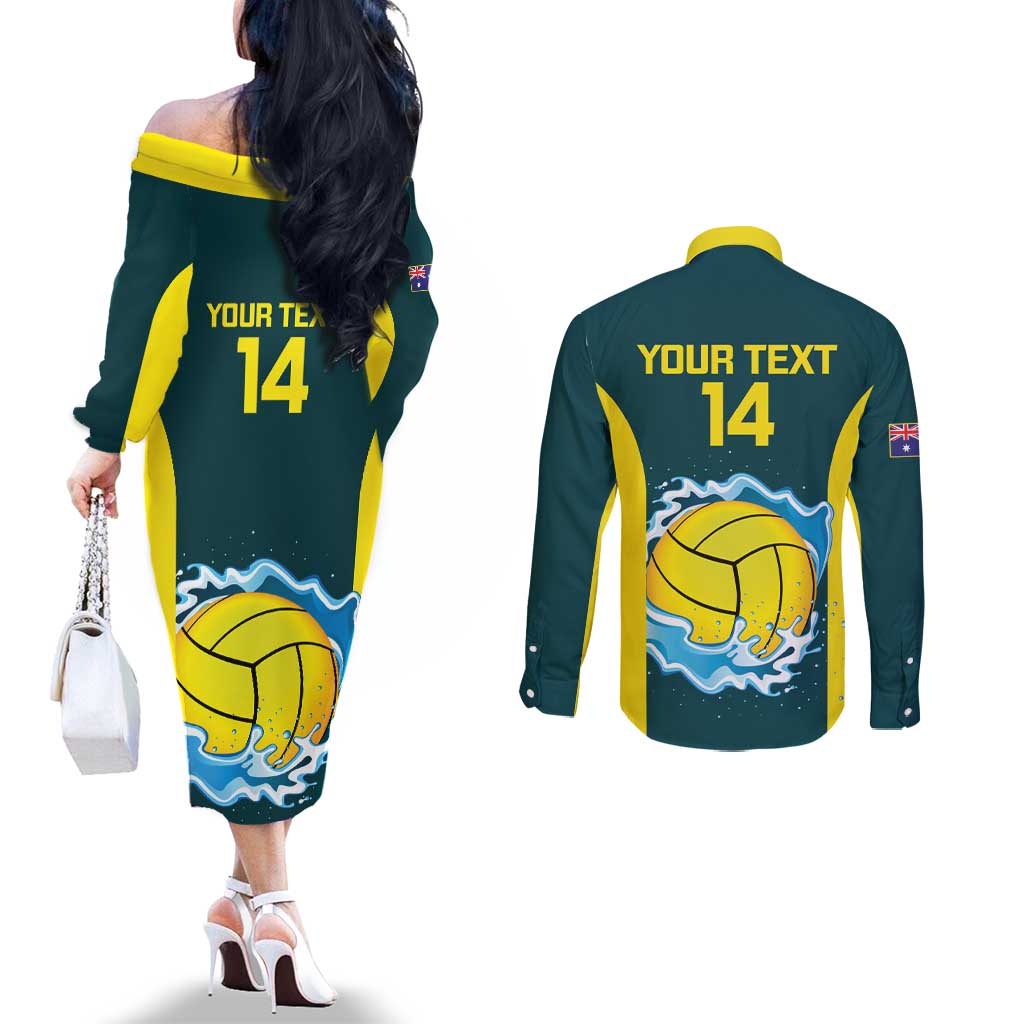 Custom Australia Water Polo 2024 Couples Matching Off The Shoulder Long Sleeve Dress and Long Sleeve Button Shirt Aussie Shark National Color Version