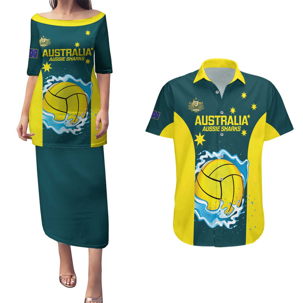 Custom Australia Water Polo 2024 Couples Matching Puletasi and Hawaiian Shirt Aussie Shark National Color Version