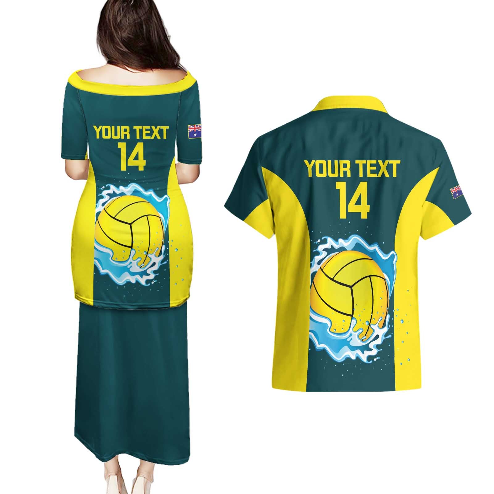 Custom Australia Water Polo 2024 Couples Matching Puletasi and Hawaiian Shirt Aussie Shark National Color Version