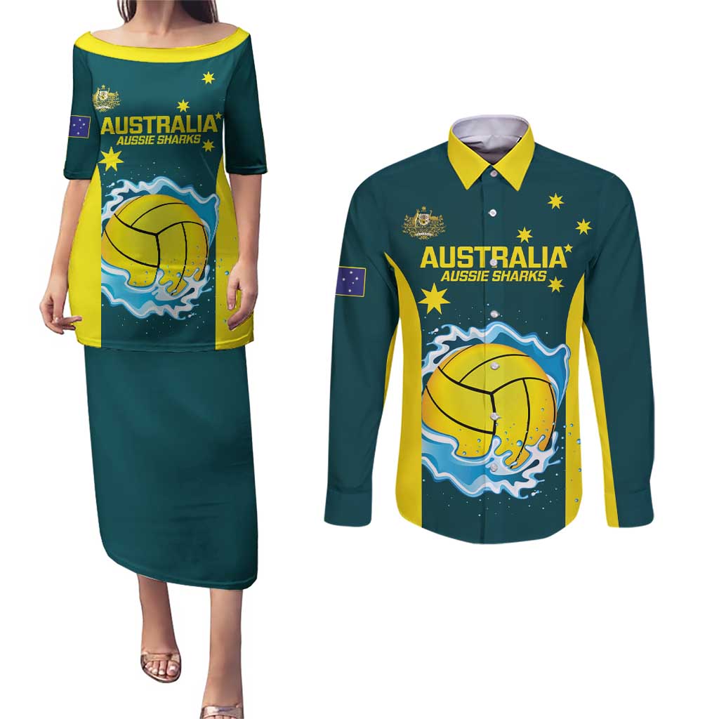 Custom Australia Water Polo 2024 Couples Matching Puletasi and Long Sleeve Button Shirt Aussie Shark National Color Version