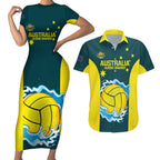 Custom Australia Water Polo 2024 Couples Matching Short Sleeve Bodycon Dress and Hawaiian Shirt Aussie Shark National Color Version