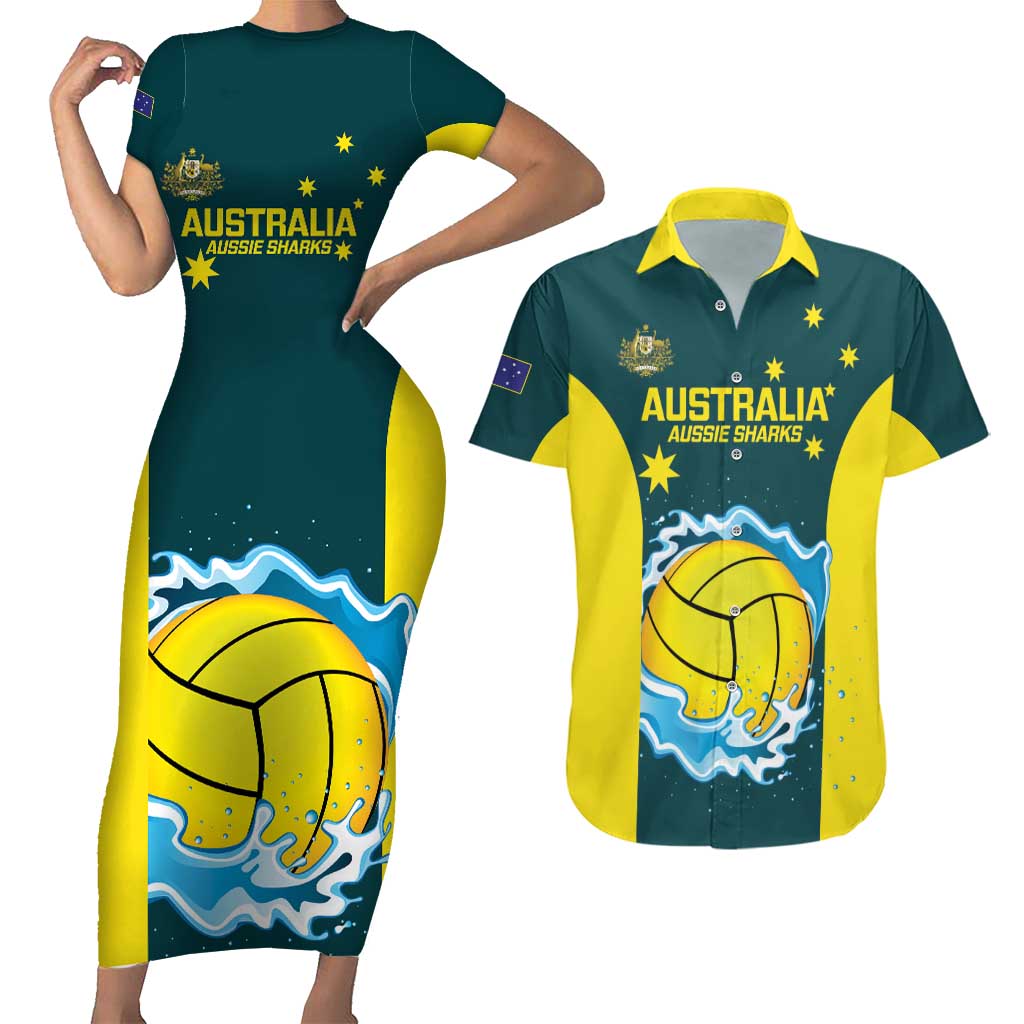 Custom Australia Water Polo 2024 Couples Matching Short Sleeve Bodycon Dress and Hawaiian Shirt Aussie Shark National Color Version