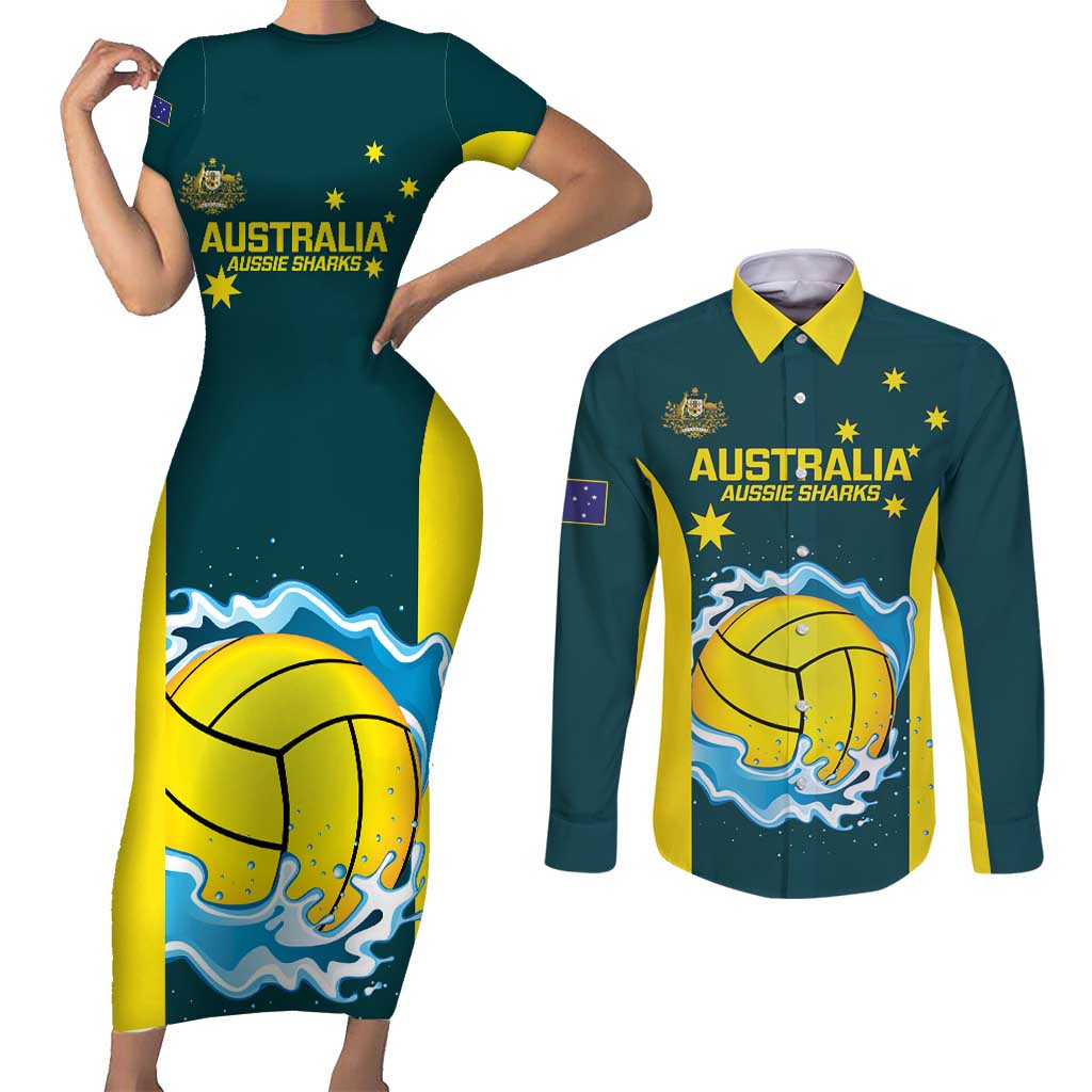 Custom Australia Water Polo 2024 Couples Matching Short Sleeve Bodycon Dress and Long Sleeve Button Shirt Aussie Shark National Color Version