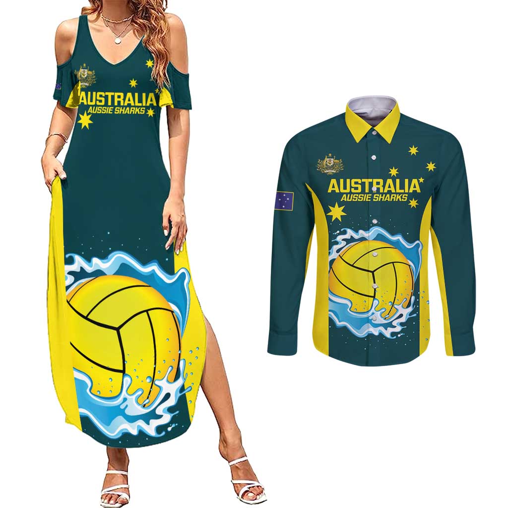 Custom Australia Water Polo 2024 Couples Matching Summer Maxi Dress and Long Sleeve Button Shirt Aussie Shark National Color Version
