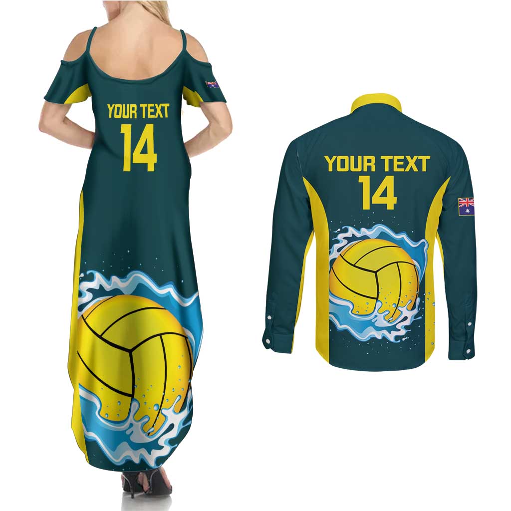 Custom Australia Water Polo 2024 Couples Matching Summer Maxi Dress and Long Sleeve Button Shirt Aussie Shark National Color Version