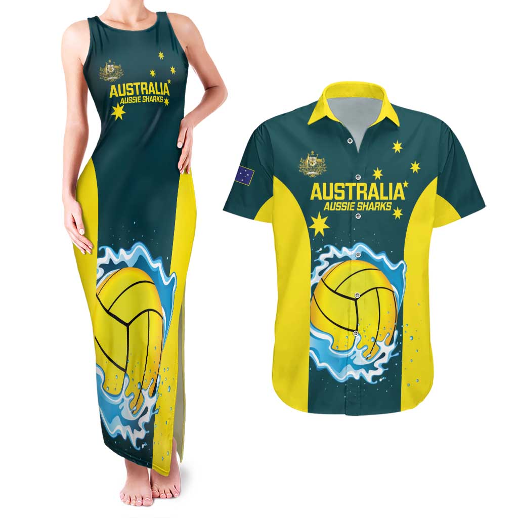 Custom Australia Water Polo 2024 Couples Matching Tank Maxi Dress and Hawaiian Shirt Aussie Shark National Color Version