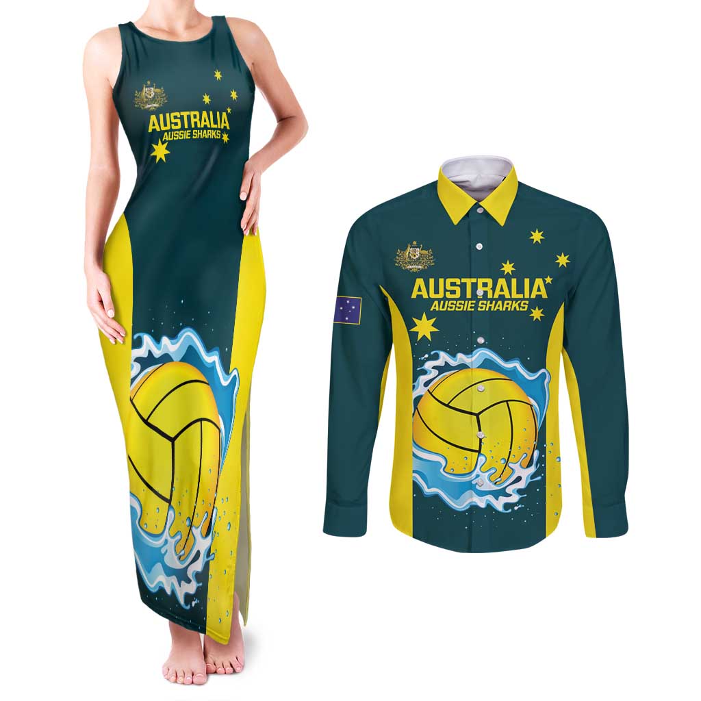Custom Australia Water Polo 2024 Couples Matching Tank Maxi Dress and Long Sleeve Button Shirt Aussie Shark National Color Version