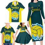Custom Australia Water Polo 2024 Family Matching Long Sleeve Bodycon Dress and Hawaiian Shirt Aussie Shark National Color Version