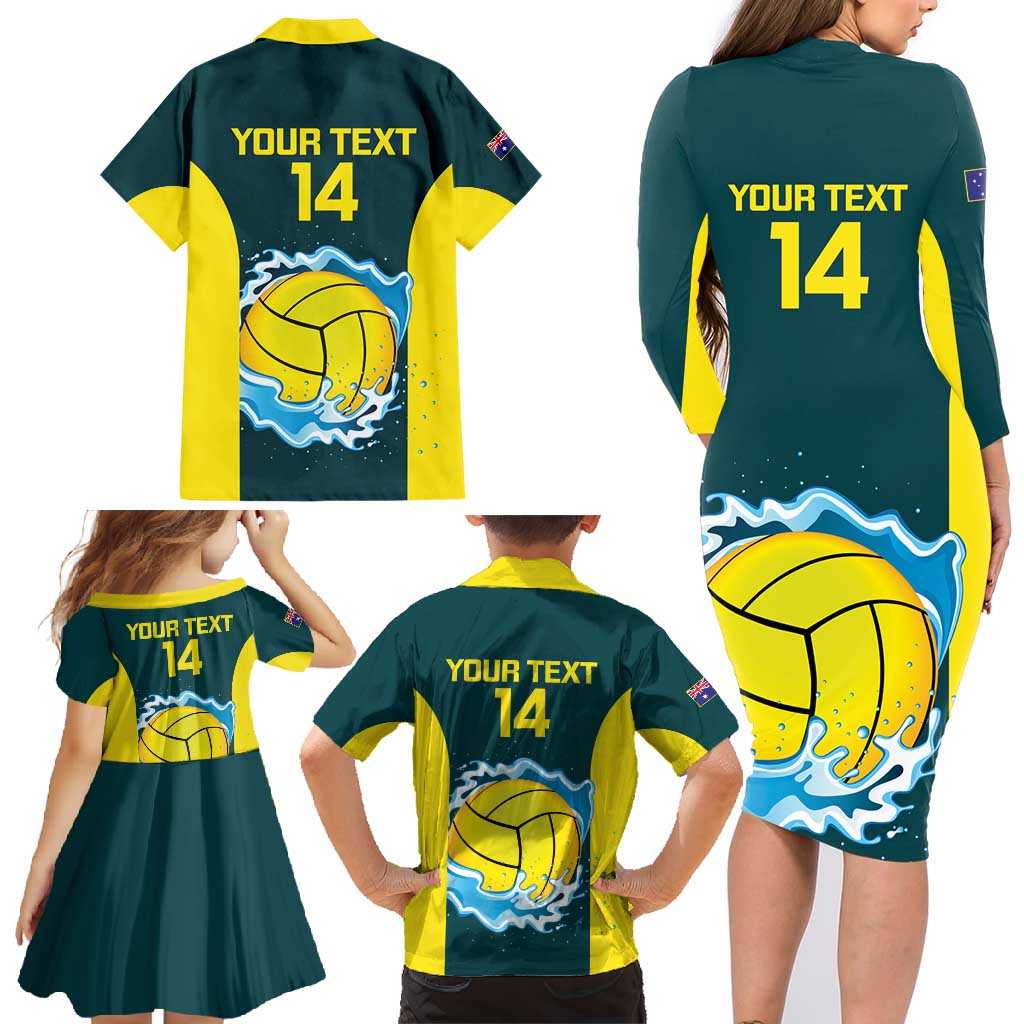 Custom Australia Water Polo 2024 Family Matching Long Sleeve Bodycon Dress and Hawaiian Shirt Aussie Shark National Color Version