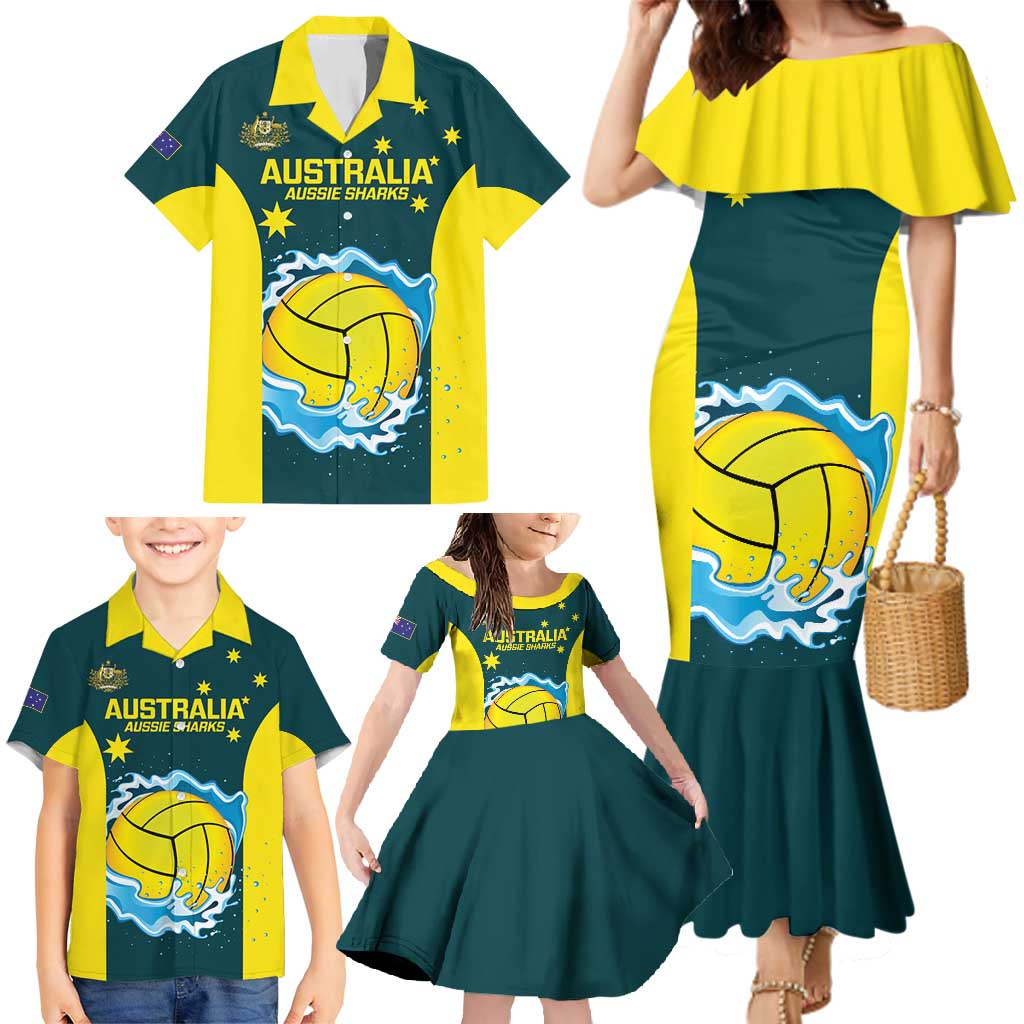 Custom Australia Water Polo 2024 Family Matching Mermaid Dress and Hawaiian Shirt Aussie Shark National Color Version