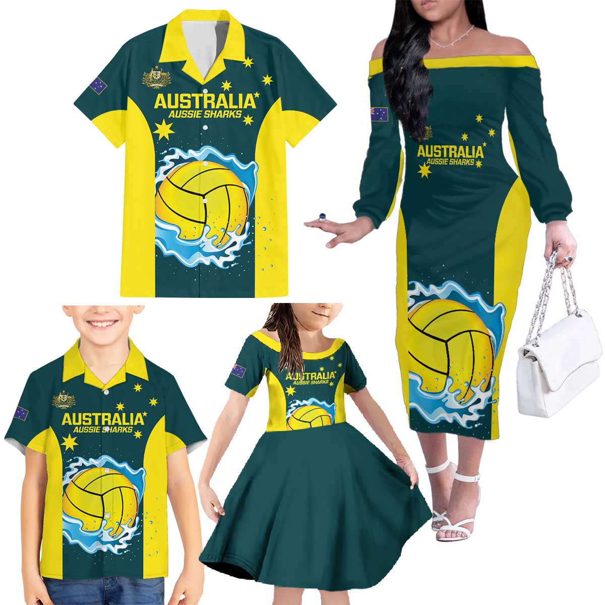Custom Australia Water Polo 2024 Family Matching Off The Shoulder Long Sleeve Dress and Hawaiian Shirt Aussie Shark National Color Version