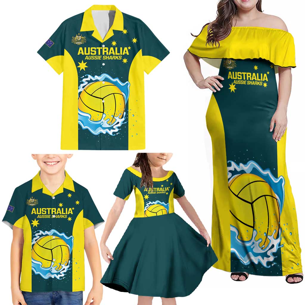 Custom Australia Water Polo 2024 Family Matching Off Shoulder Maxi Dress and Hawaiian Shirt Aussie Shark National Color Version