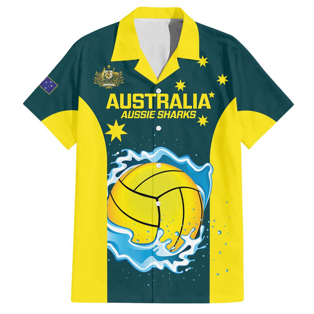 Custom Australia Water Polo 2024 Family Matching Off Shoulder Maxi Dress and Hawaiian Shirt Aussie Shark National Color Version