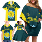 Custom Australia Water Polo 2024 Family Matching Off Shoulder Short Dress and Hawaiian Shirt Aussie Shark National Color Version