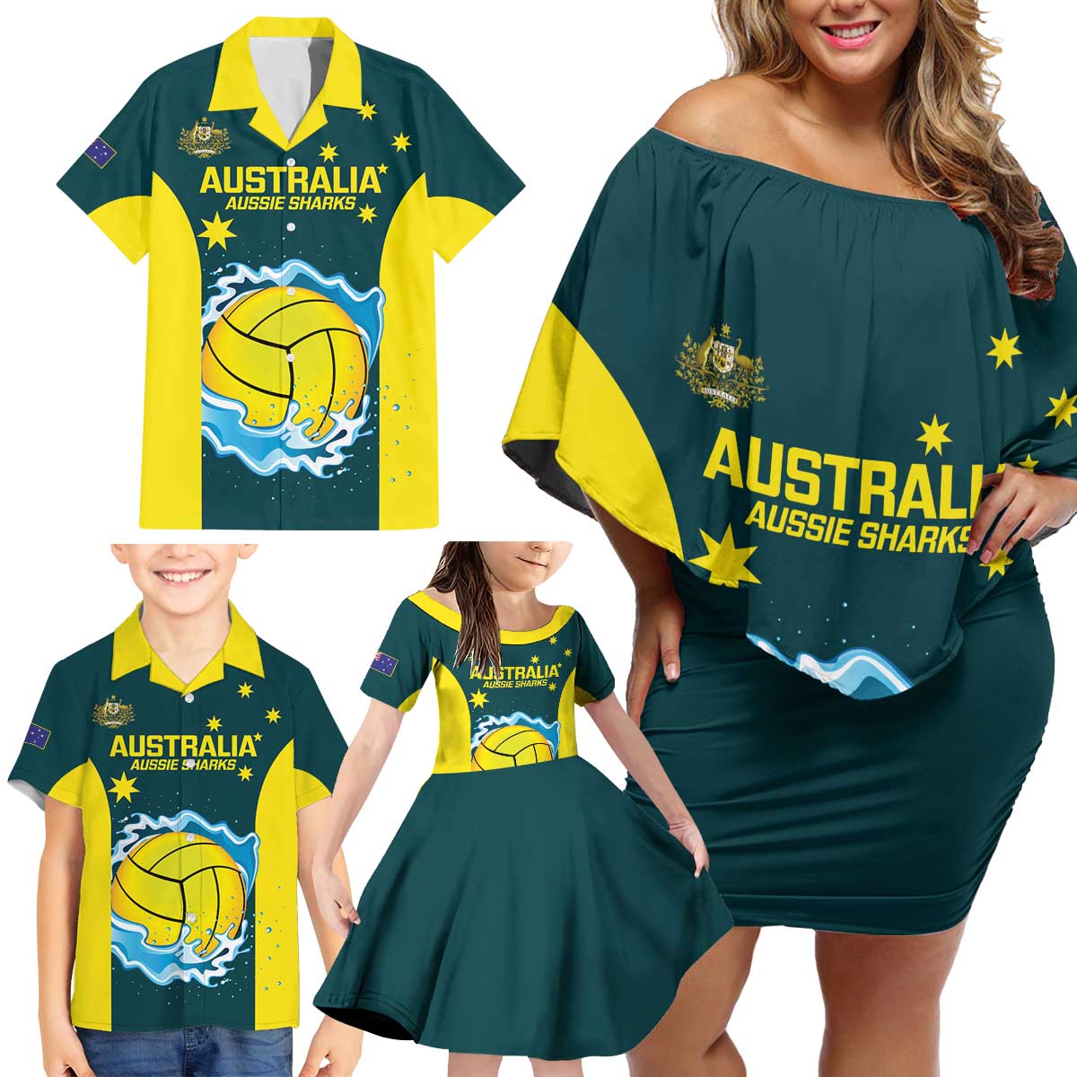 Custom Australia Water Polo 2024 Family Matching Off Shoulder Short Dress and Hawaiian Shirt Aussie Shark National Color Version