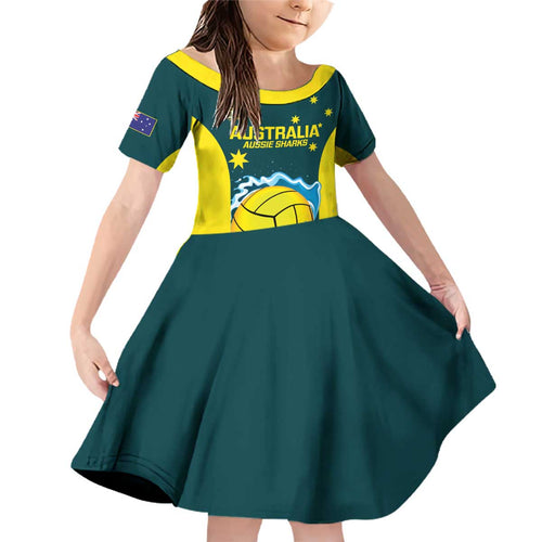 Custom Australia Water Polo 2024 Family Matching Off Shoulder Short Dress and Hawaiian Shirt Aussie Shark National Color Version