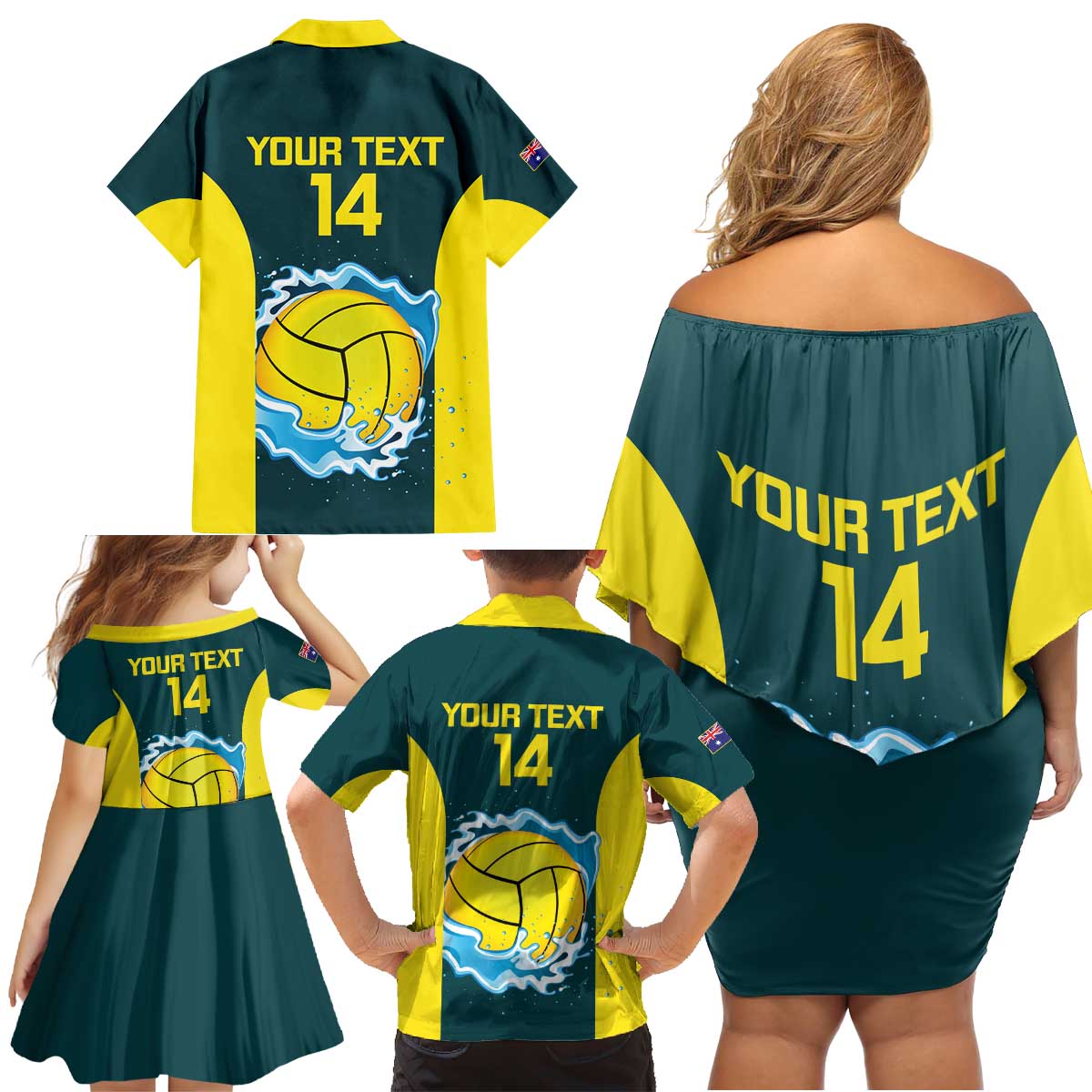 Custom Australia Water Polo 2024 Family Matching Off Shoulder Short Dress and Hawaiian Shirt Aussie Shark National Color Version