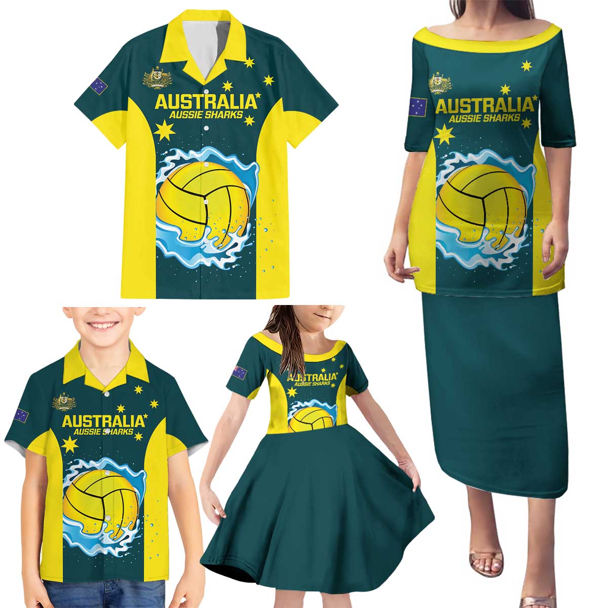 Custom Australia Water Polo 2024 Family Matching Puletasi and Hawaiian Shirt Aussie Shark National Color Version