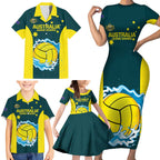 Custom Australia Water Polo 2024 Family Matching Short Sleeve Bodycon Dress and Hawaiian Shirt Aussie Shark National Color Version