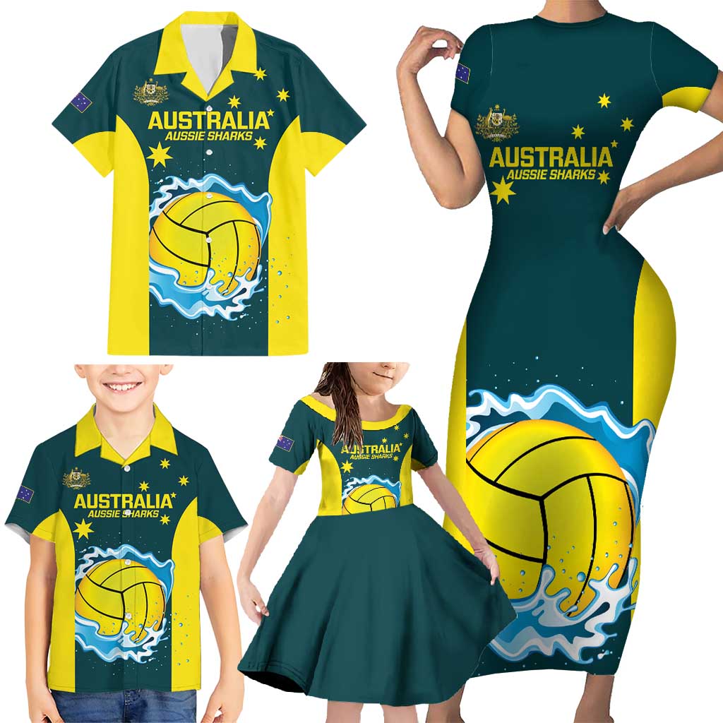 Custom Australia Water Polo 2024 Family Matching Short Sleeve Bodycon Dress and Hawaiian Shirt Aussie Shark National Color Version