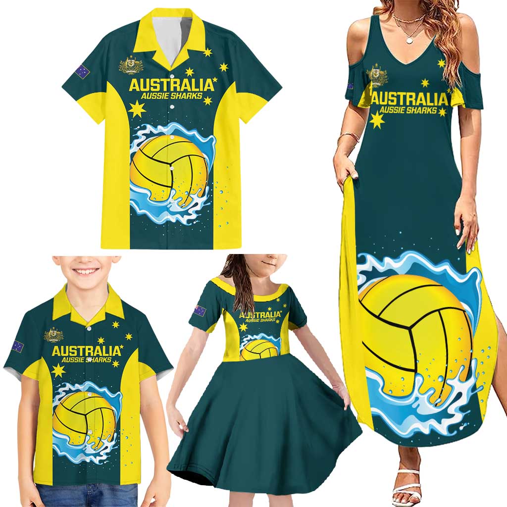 Custom Australia Water Polo 2024 Family Matching Summer Maxi Dress and Hawaiian Shirt Aussie Shark National Color Version