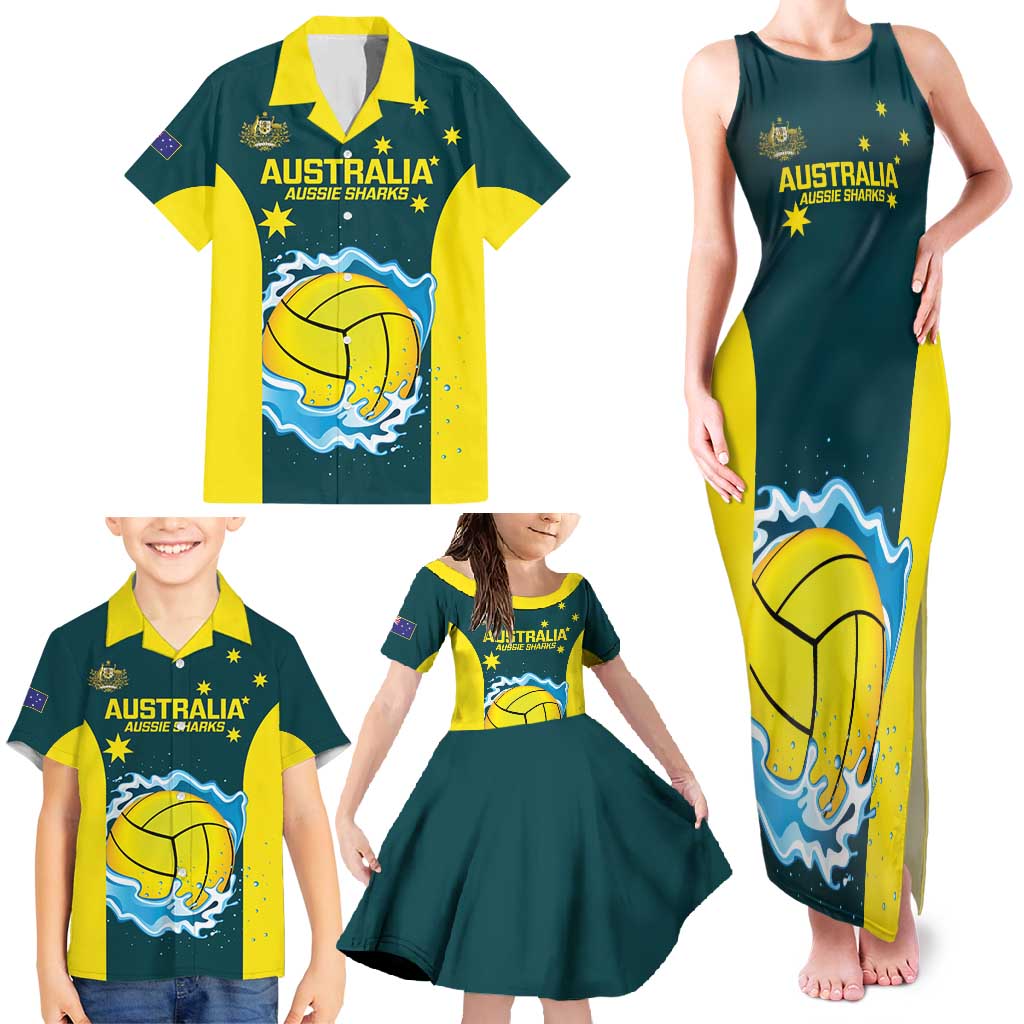 Custom Australia Water Polo 2024 Family Matching Tank Maxi Dress and Hawaiian Shirt Aussie Shark National Color Version