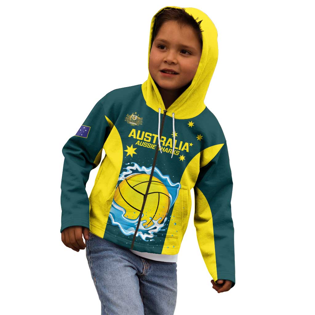 Custom Australia Water Polo 2024 Kid Hoodie Aussie Shark National Color Version