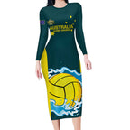 Custom Australia Water Polo 2024 Long Sleeve Bodycon Dress Aussie Shark National Color Version