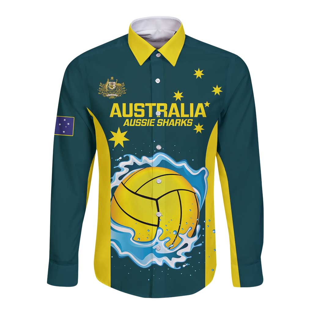Custom Australia Water Polo 2024 Long Sleeve Button Shirt Aussie Shark National Color Version