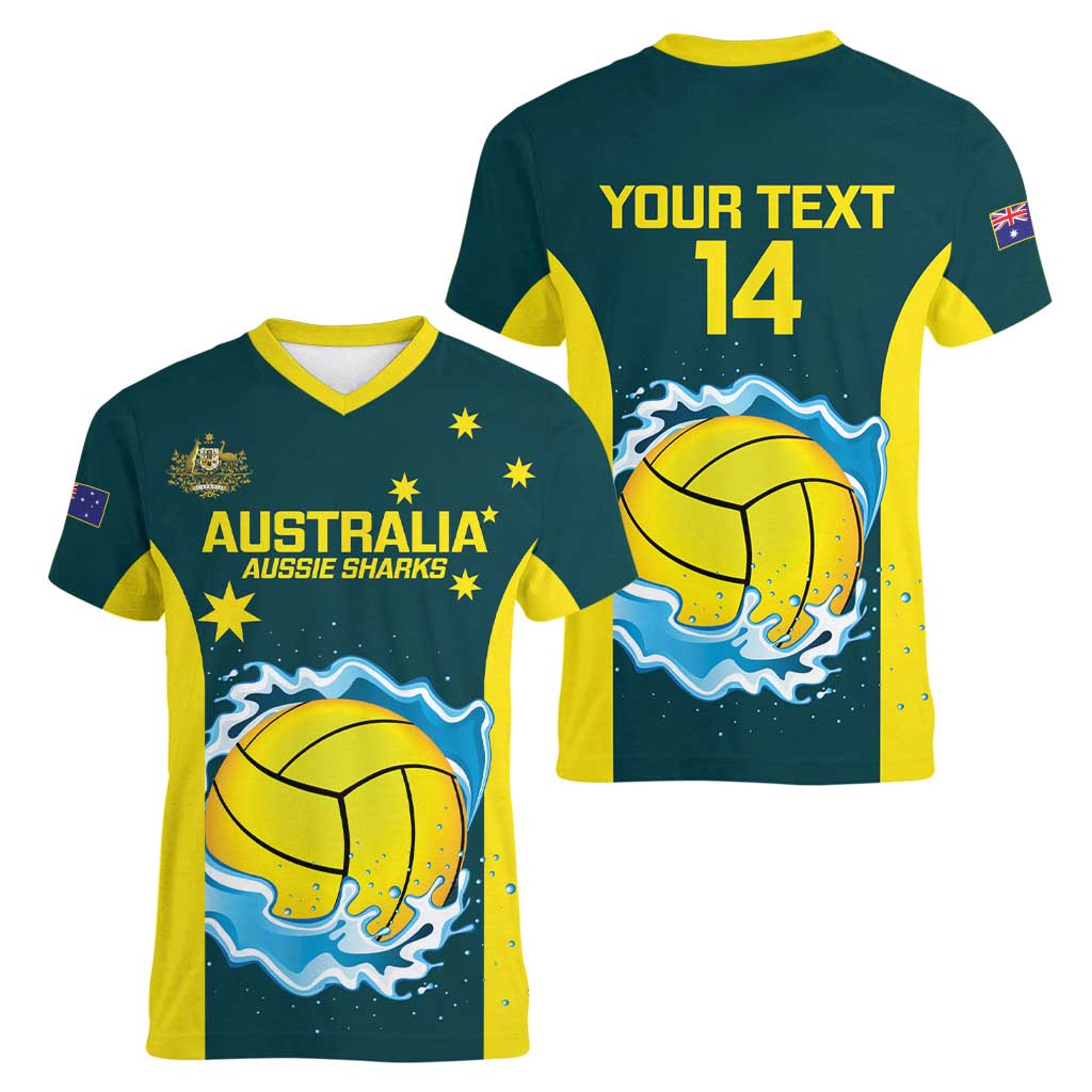 Custom Australia Water Polo 2024 Women V-Neck T-Shirt Aussie Shark National Color Version