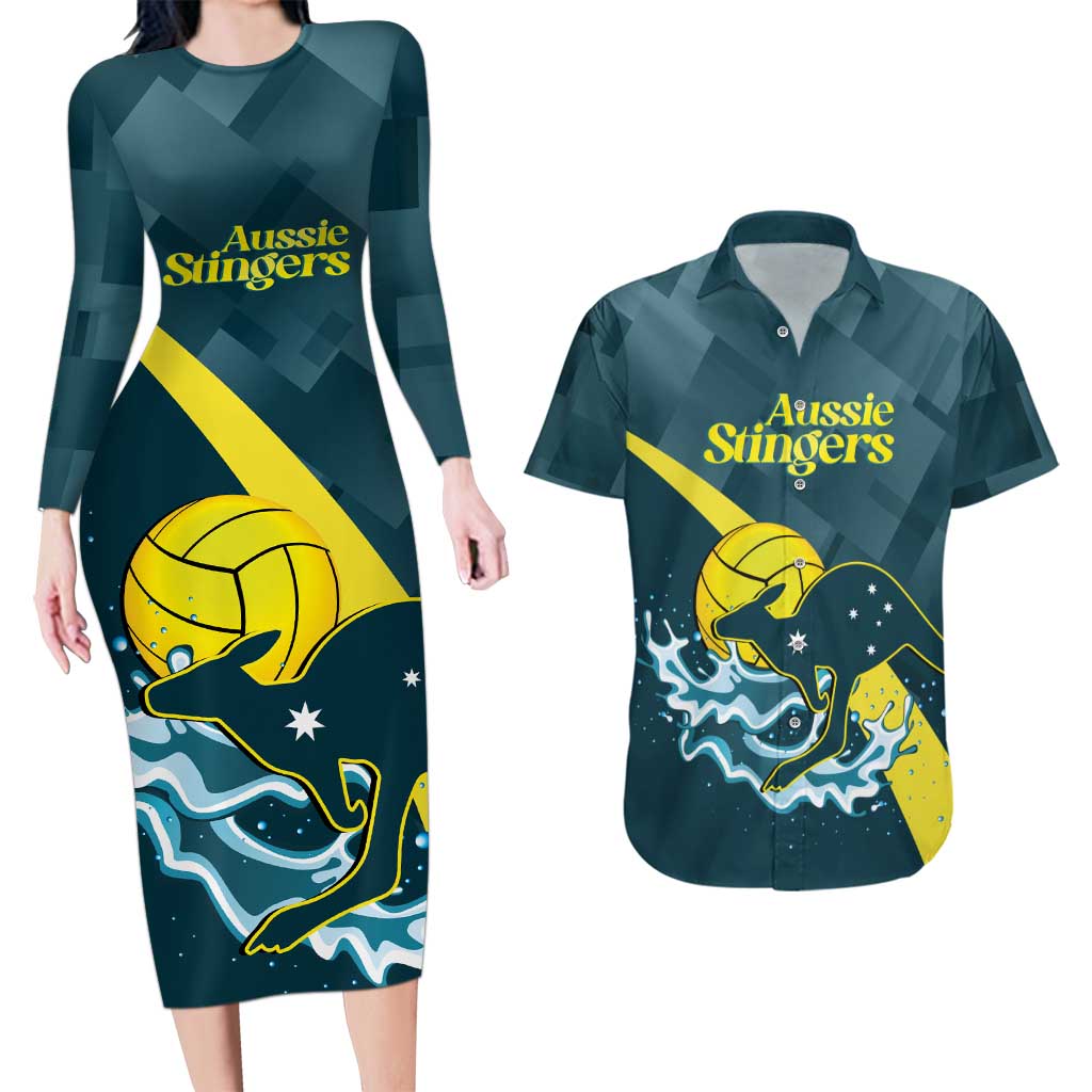 Custom Australia Water Polo 2024 Couples Matching Long Sleeve Bodycon Dress and Hawaiian Shirt Aussie Stingers Kangaroo Sporty Version