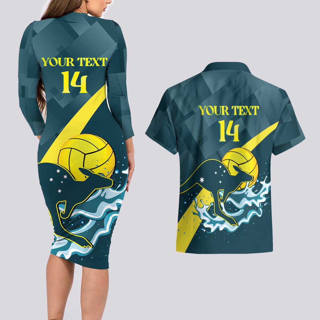 Custom Australia Water Polo 2024 Couples Matching Long Sleeve Bodycon Dress and Hawaiian Shirt Aussie Stingers Kangaroo Sporty Version