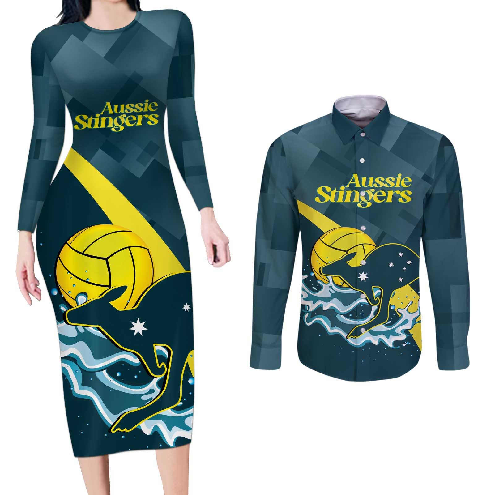 Custom Australia Water Polo 2024 Couples Matching Long Sleeve Bodycon Dress and Long Sleeve Button Shirt Aussie Stingers Kangaroo Sporty Version