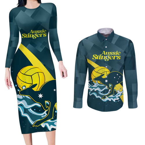 Custom Australia Water Polo 2024 Couples Matching Long Sleeve Bodycon Dress and Long Sleeve Button Shirt Aussie Stingers Kangaroo Sporty Version