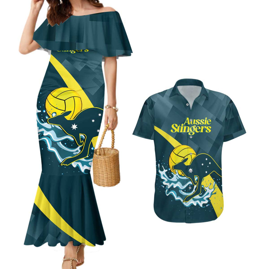 Custom Australia Water Polo 2024 Couples Matching Mermaid Dress and Hawaiian Shirt Aussie Stingers Kangaroo Sporty Version