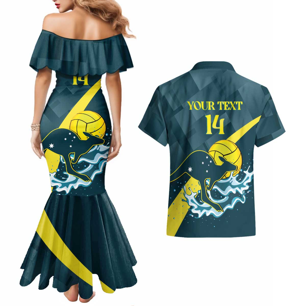 Custom Australia Water Polo 2024 Couples Matching Mermaid Dress and Hawaiian Shirt Aussie Stingers Kangaroo Sporty Version