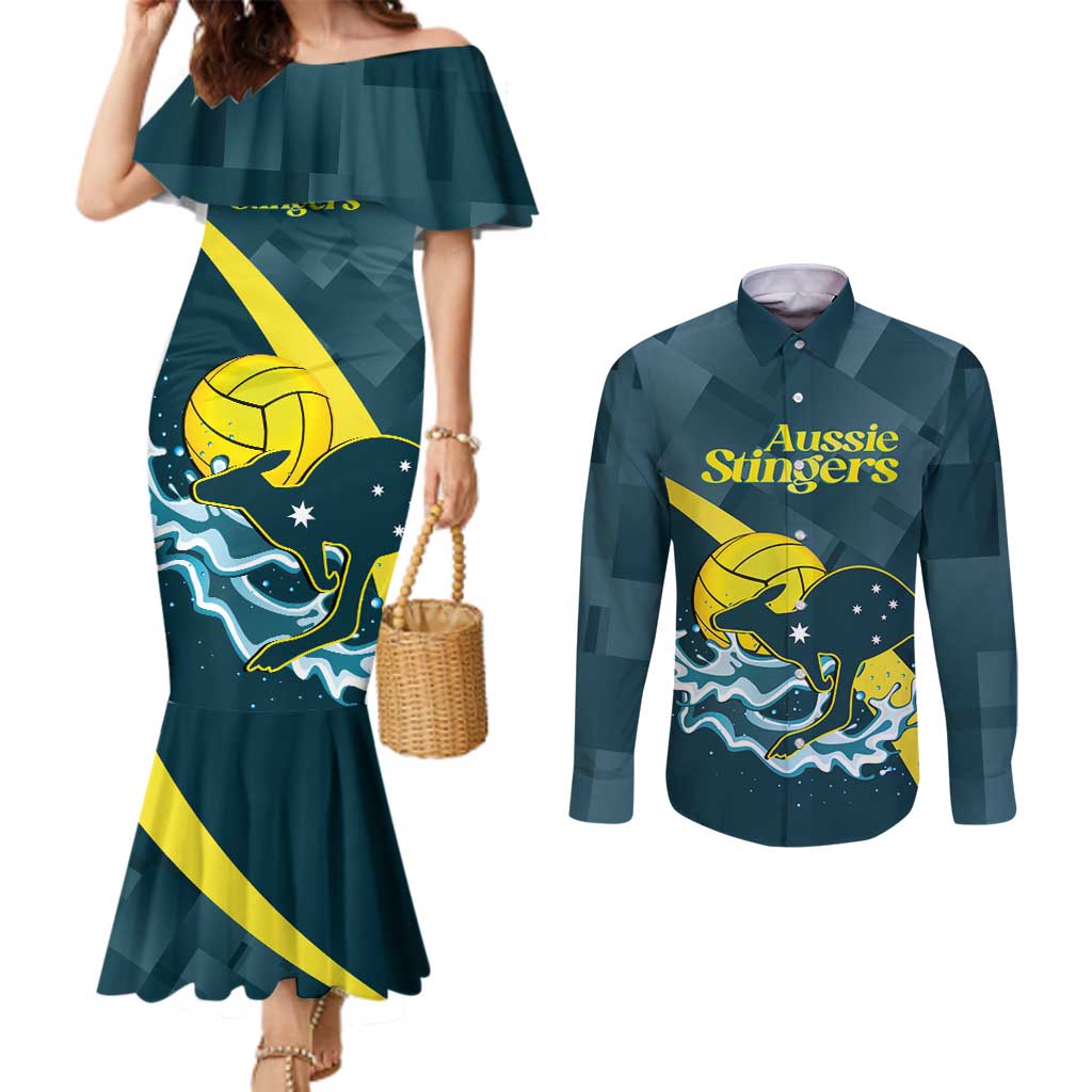Custom Australia Water Polo 2024 Couples Matching Mermaid Dress and Long Sleeve Button Shirt Aussie Stingers Kangaroo Sporty Version