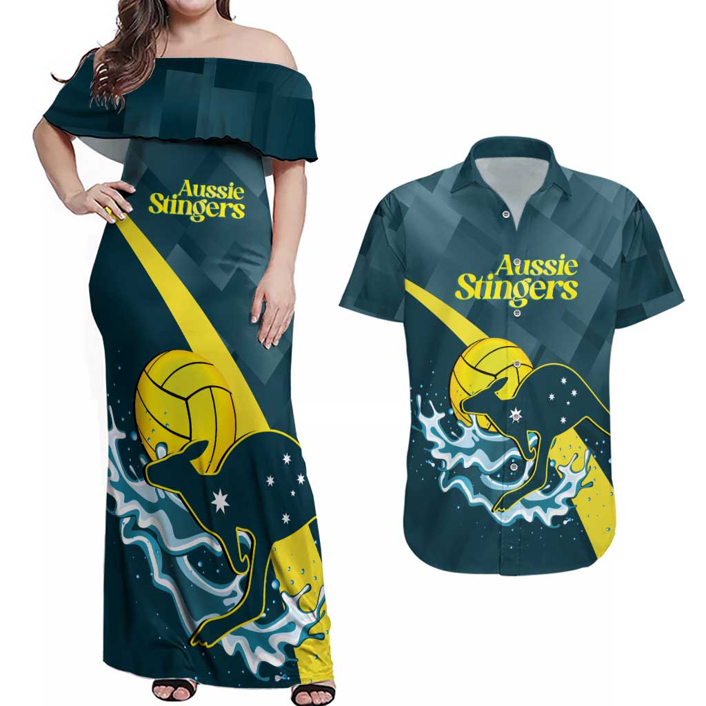 Custom Australia Water Polo 2024 Couples Matching Off Shoulder Maxi Dress and Hawaiian Shirt Aussie Stingers Kangaroo Sporty Version