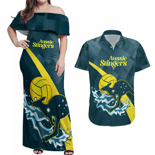Custom Australia Water Polo 2024 Couples Matching Off Shoulder Maxi Dress and Hawaiian Shirt Aussie Stingers Kangaroo Sporty Version