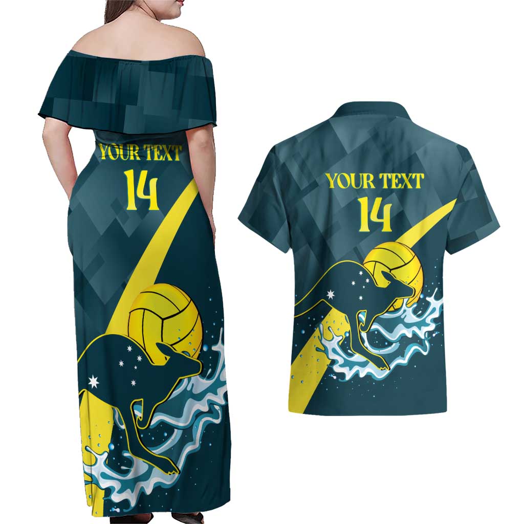 Custom Australia Water Polo 2024 Couples Matching Off Shoulder Maxi Dress and Hawaiian Shirt Aussie Stingers Kangaroo Sporty Version