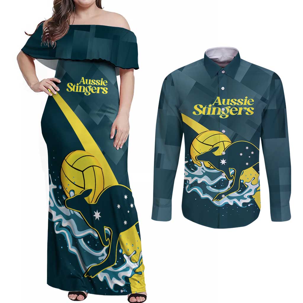 Custom Australia Water Polo 2024 Couples Matching Off Shoulder Maxi Dress and Long Sleeve Button Shirt Aussie Stingers Kangaroo Sporty Version
